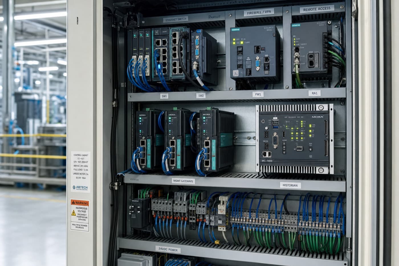 Manufacturing OT network cabinet with industrial gateways and hardened compute modules