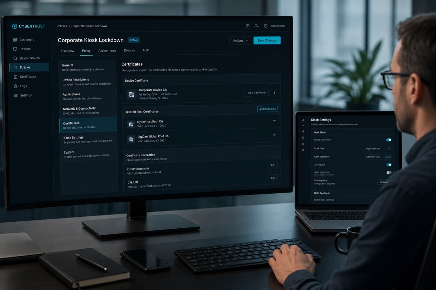 Enterprise security console showing kiosk lockdown policies and device runtime settings