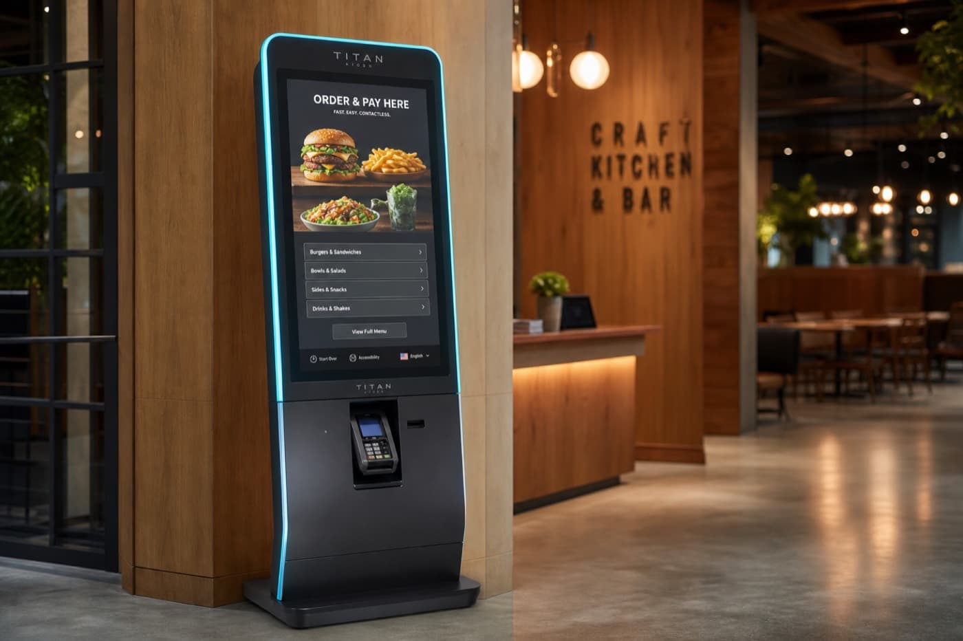 Regentum Industry Kiosk Display in a modern restaurant lobby showing a digital menu interface