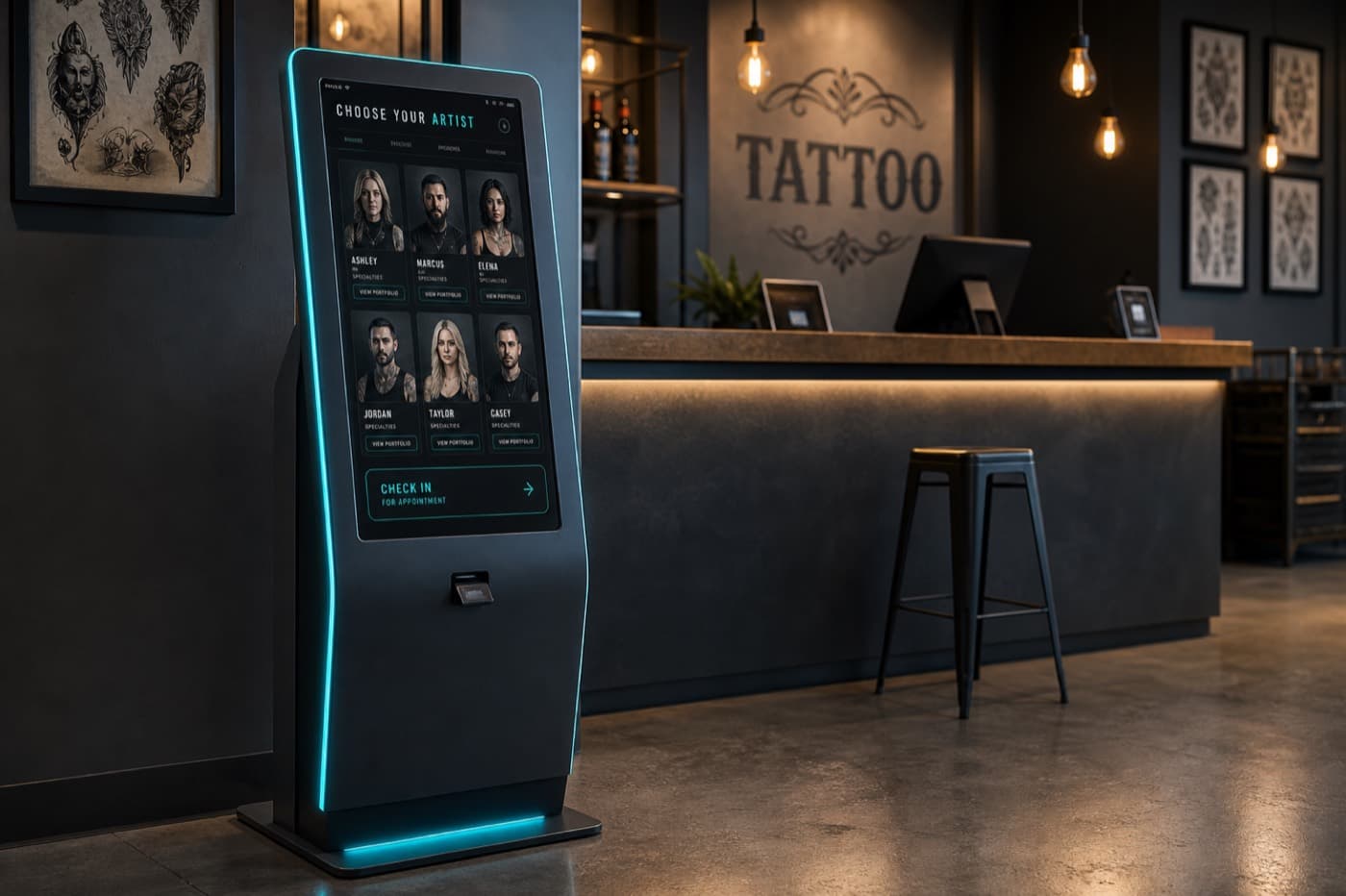 Regentum industrial kiosk in a tattoo shop front desk area