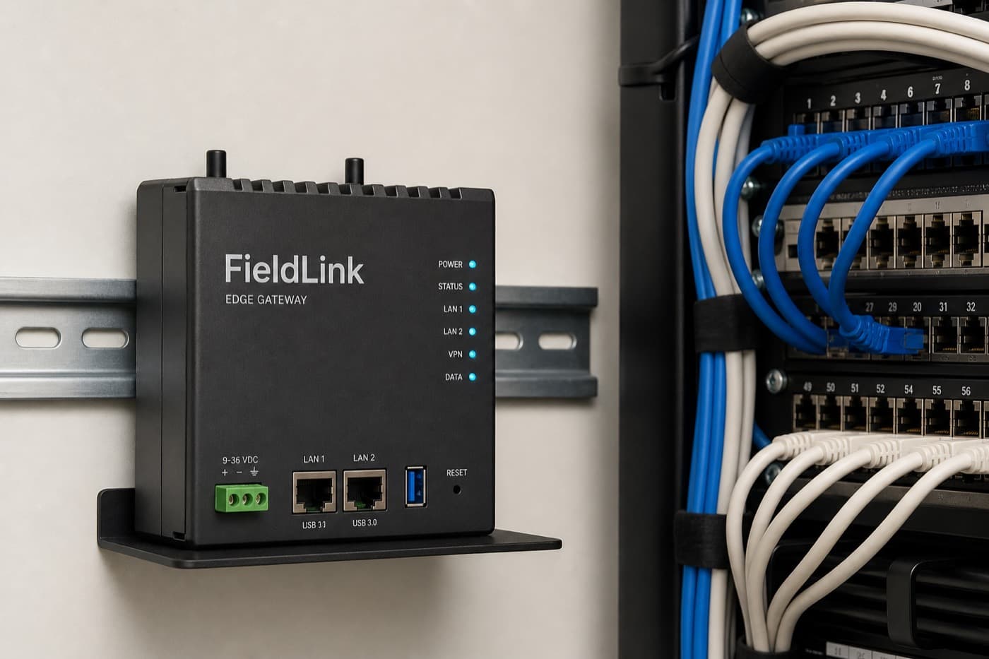 FieldLink Edge Gateway appliance with cyan status lights in a utility closet