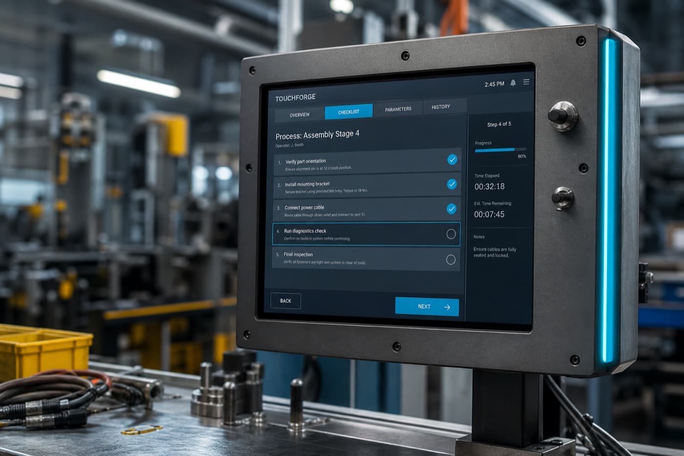 TouchForge industrial control surface at a manufacturing plant workstation