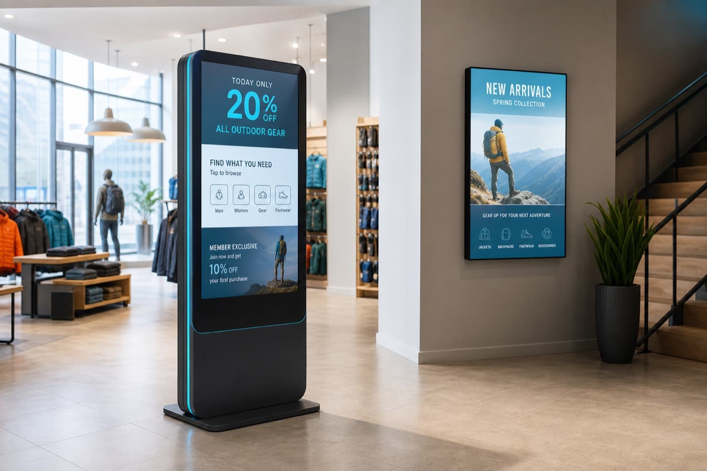 Retail environment with Regentum kiosk and digital signage powered by VistaLink CMS